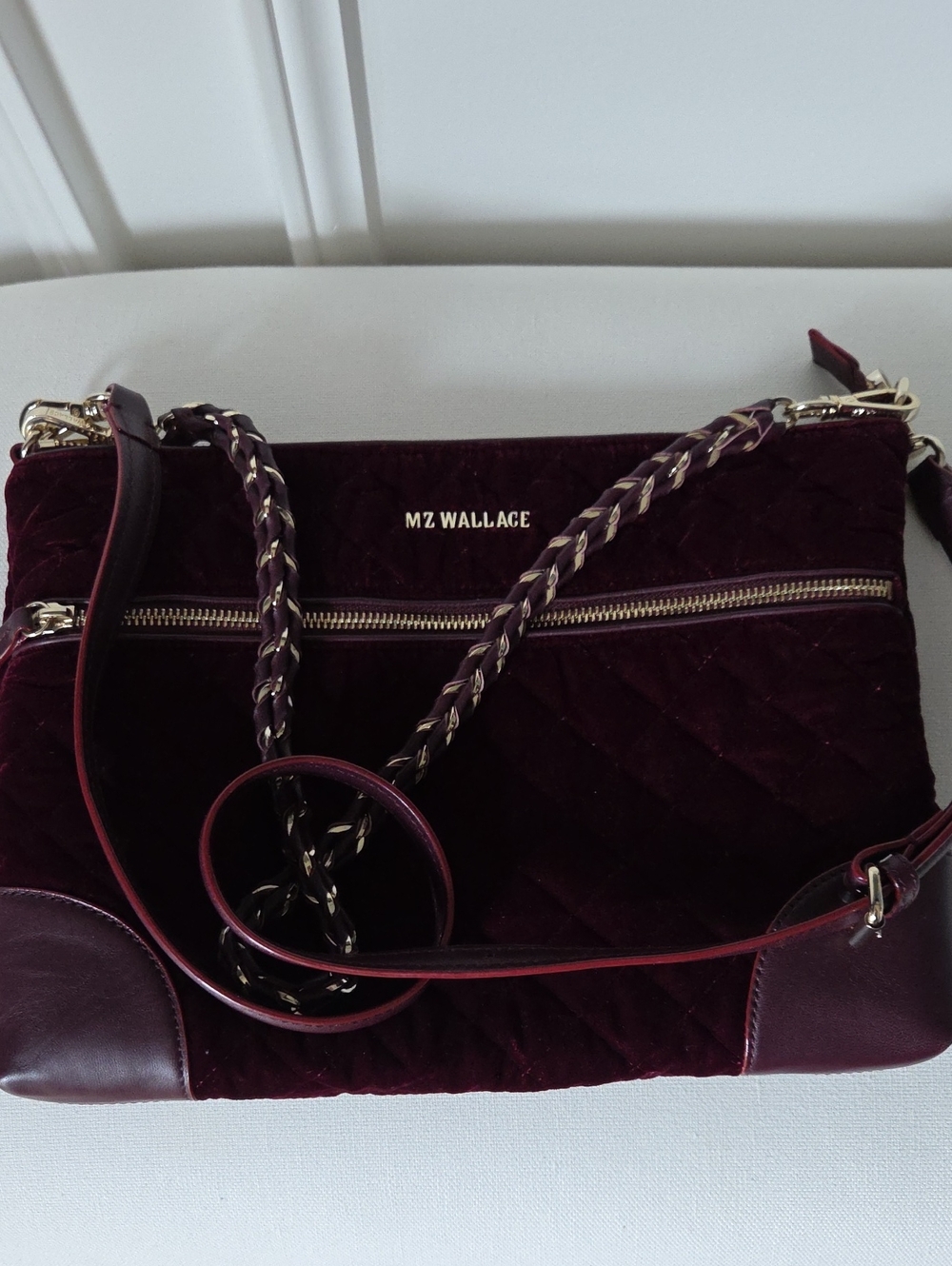 MZ Wallace Quilted Velvet Crossbody Bag in Burgundy with Gold Hardware - Picture 2 of 7